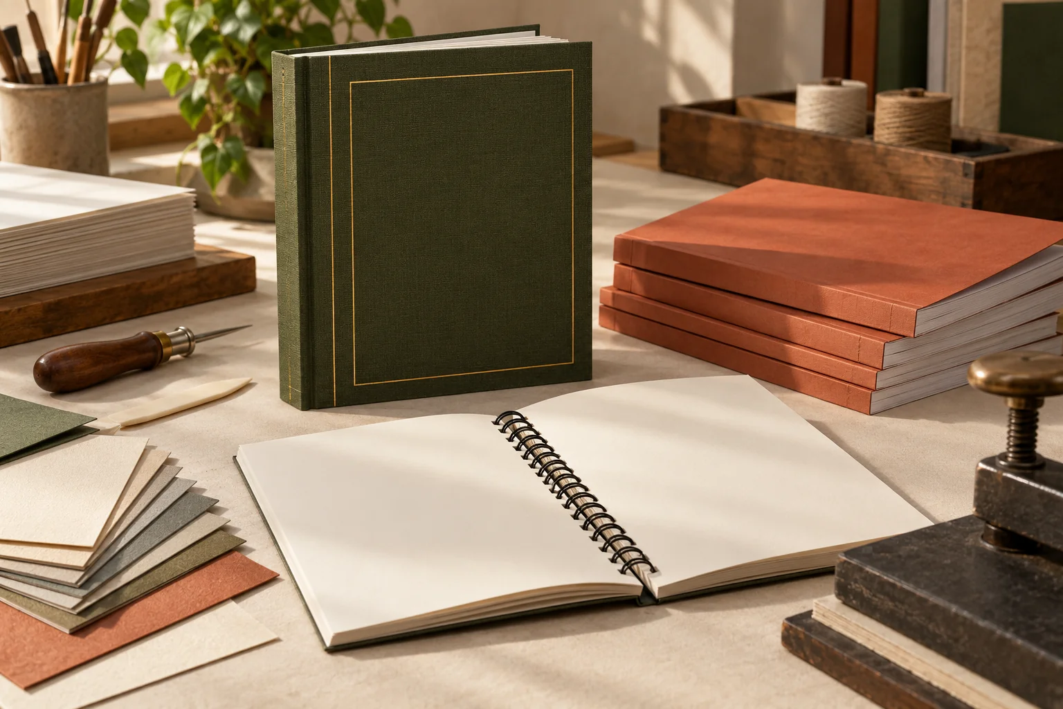 tese em capa dura, caderno de espiral e relatórios encadernados