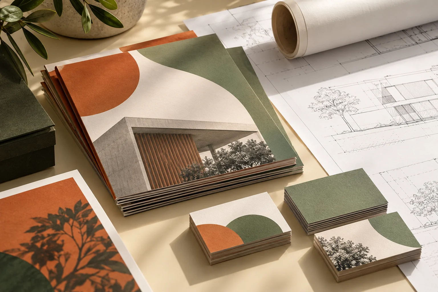 brochuras, cartões, papéis e desenhos de arquitetura