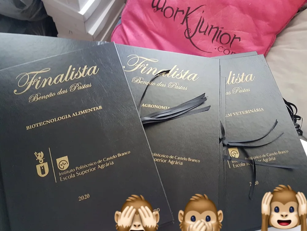 Pastas com personalização e fitas para assinalar a conclusão do percurso académico.
