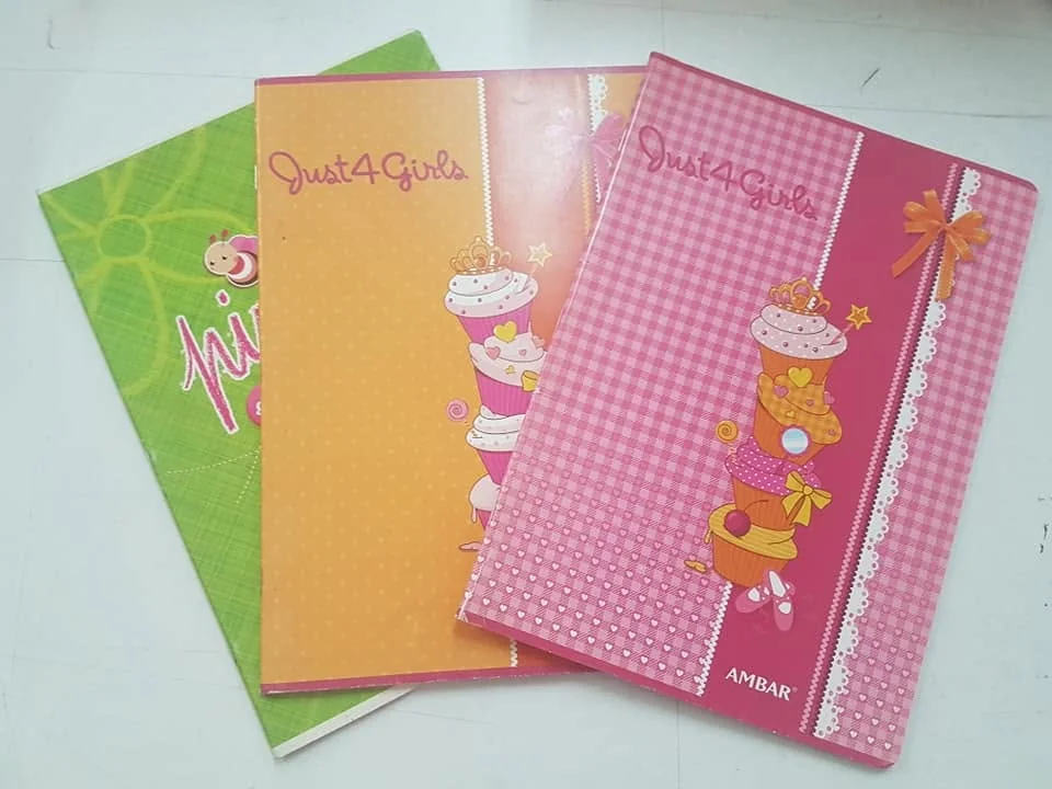 Cadernos com capas ilustradas e diferentes padrões de personalização.