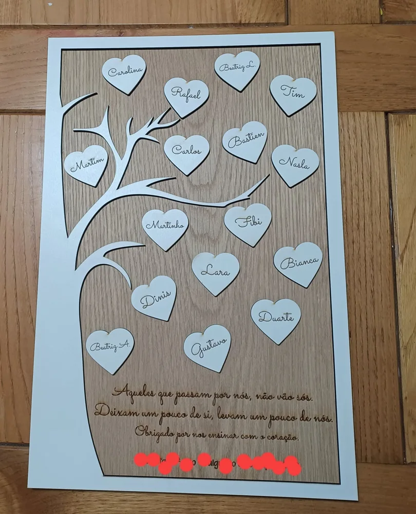 Peça decorativa com recorte, mensagem ou ilustração, preparada para pendurar ou expor.