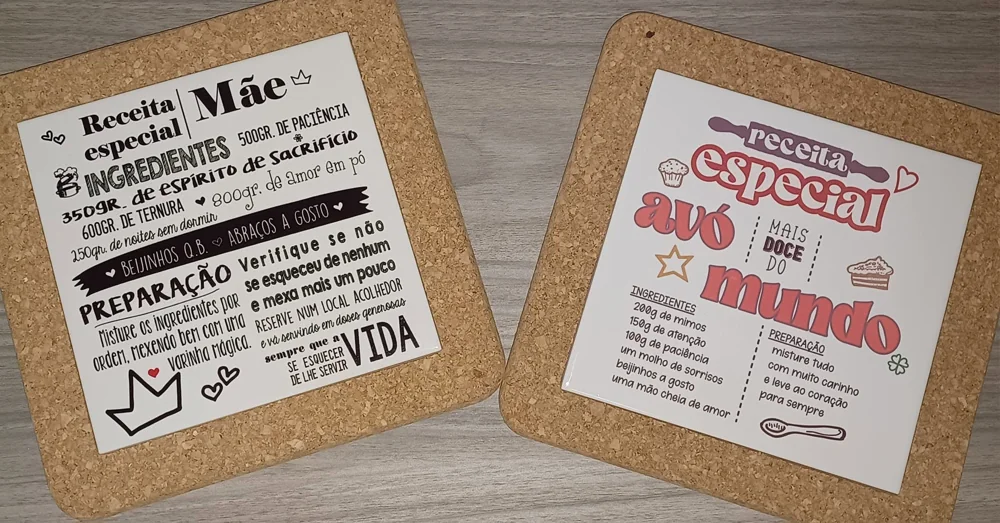 Peças com mensagens e desenhos personalizados, apresentadas em diferentes versões.