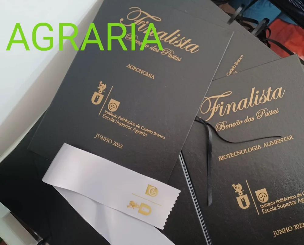Pastas com personalização e fitas para assinalar a conclusão do percurso académico.