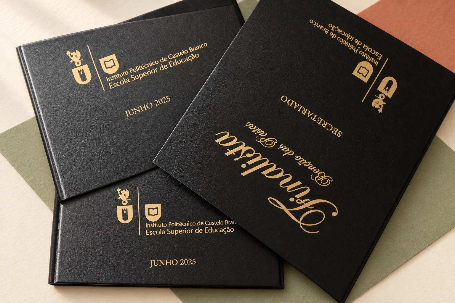 Pastas de finalista pretas com personalização dourada realizadas na WORKJUNIOR